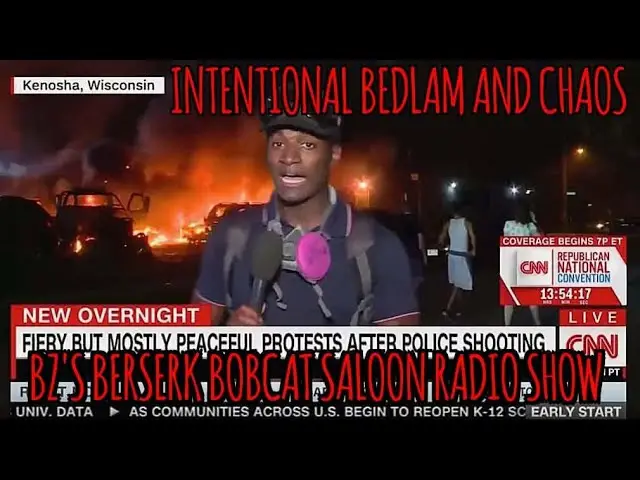 Screenshot style promo image showing a TV news reporter in the foreground with fires burning behind him, with red overlay text reading “Intentional Bedlam and Chaos” and “BZ’s Berserk Bobcat’s Saloon Radio Show.”
