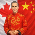 Illustration of Mark Carney in a Chinese style jacket with Canada and China flags split vertically behind him