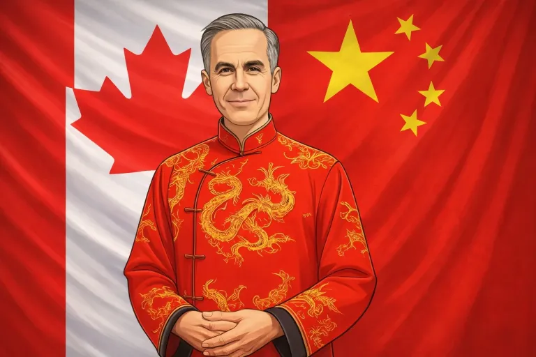 Illustration of Mark Carney in a Chinese style jacket with Canada and China flags split vertically behind him