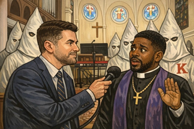 Satirical cartoon of a reporter interviewing a pastor inside a church while hooded extremists stand behind them