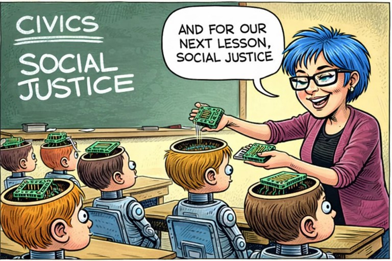 Blue-haired teacher replacing chips in robot students’ heads in a classroom, chalkboard reads “CIVICS” and “SOCIAL JUSTICE”