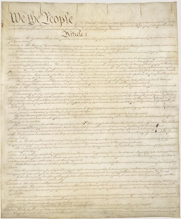 U.S. Constitution manuscript page showing We the People and Article I