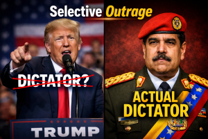 Op-ed image showing Donald Trump labeled “Dictator?” contrasted with Nicolás Maduro labeled “Actual Dictator,” highlighting selective outrage by Democrats
