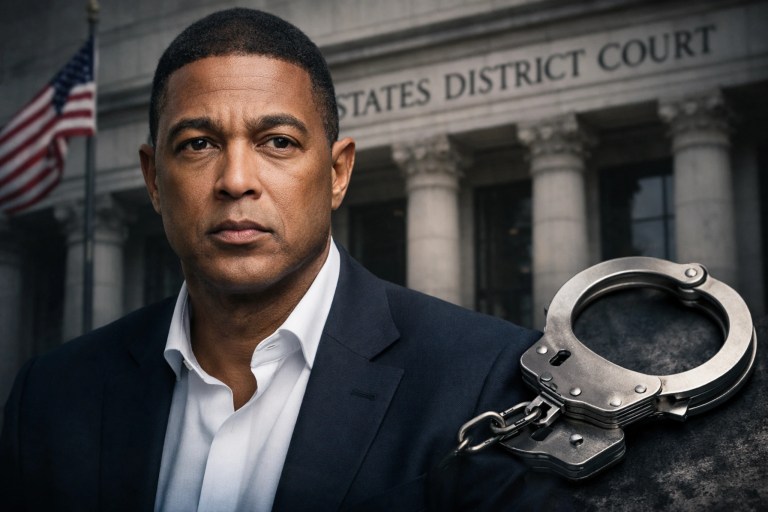 Don Lemon stands outside a federal courthouse with handcuffs in the foreground, illustrating federal charges related to a church disruption case.