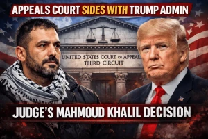 Graphic showing “Appeals Court Sides With Trump Admin” with courthouse backdrop and text “Judge’s Mahmoud Khalil Decision”
