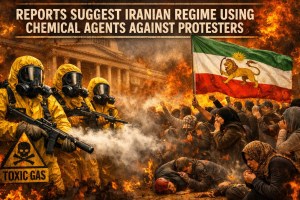 Iranian troops in hazmat suits facing protesters outside a building with the pre-1979 Iranian lion and sun flag, headline text across top