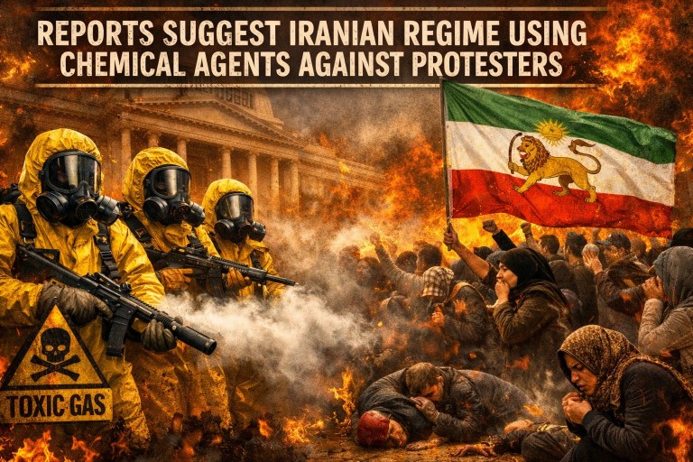 Iranian troops in hazmat suits facing protesters outside a building with the pre-1979 Iranian lion and sun flag, headline text across top