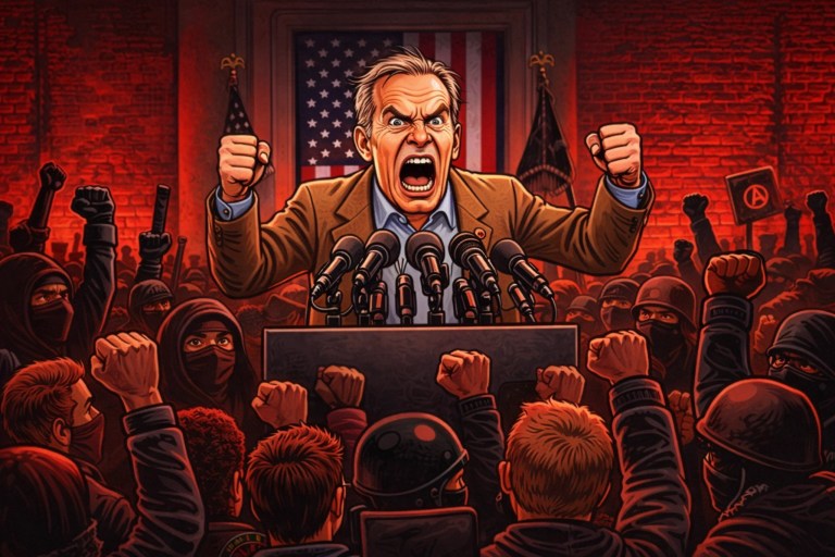 Cartoon of an angry politician screaming at a podium while a masked crowd raises fists in a deep red backdrop