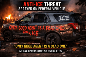 Anti-ICE death threat spray-painted on a vehicle believed to be used by federal officers during unrest in Minneapolis