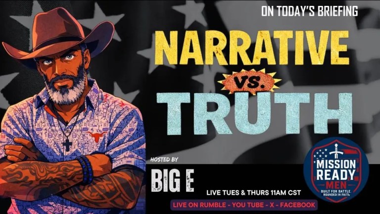 Mission Ready Men graphic reading “Narrative vs Truth” hosted by Big E with illustrated host portrait and Mission Ready Men logo