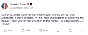 Screenshot of President Trump post claiming a fraud investigation into California has begun