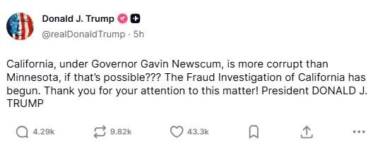 Screenshot of President Trump post claiming a fraud investigation into California has begun