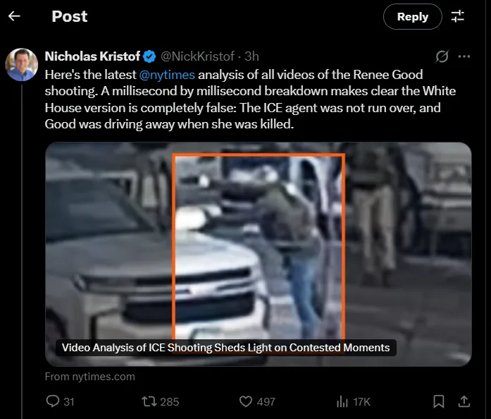 Screenshot of Nicholas Kristof X post promoting New York Times video analysis of the Renee Good shooting with a still showing an ICE agent next to a silver SUV