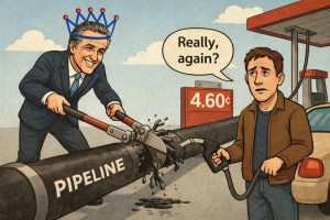Cartoon of Gov. Gavin Newsom wearing a blue crown cutting an oil pipeline with bolt cutters while a gas customer says “Really, again?”