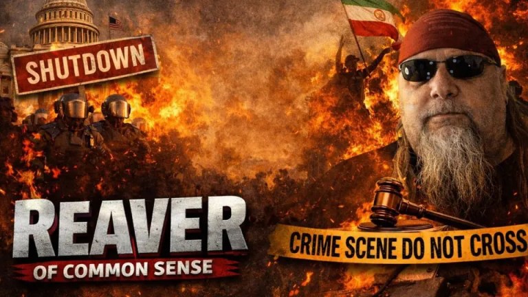 Reaver of Common Sense show graphic with “Shutdown” over the US Capitol, flames and riot police, host portrait, and crime scene tape