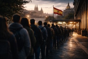 A long line of people waits outside a government building in Spain beneath a Spanish flag at dusk.