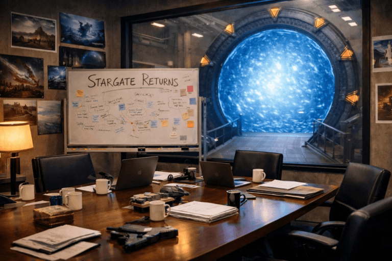 Stargate writers room with story board labeled “Stargate Returns” facing an active Stargate portal, symbolizing the franchise revival and Chevron 4 locked
