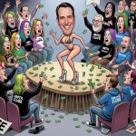 Editorial cartoon of a Democratic Leader on stage as activists throw money with anti ICE signs nearby