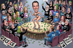 Editorial cartoon of a Democratic Leader on stage as activists throw money with anti ICE signs nearby