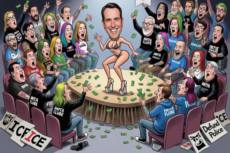 Editorial cartoon of a Democratic Leader on stage as activists throw money with anti ICE signs nearby