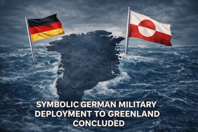 Stormy ocean with Greenland silhouette between German flag and Greenland flag