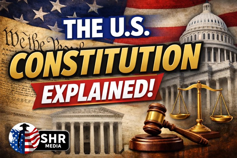 The U.S. Constitution explained with imagery of We the People, the U.S. Capitol, Supreme Court, scales of justice, and gavel, promoting an educational video by SHR Media.