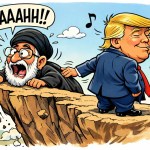 Cartoon showing President Trump whistling while subtly nudging an Ayatollah figure toward a cliff edge as the figure looks shocked
