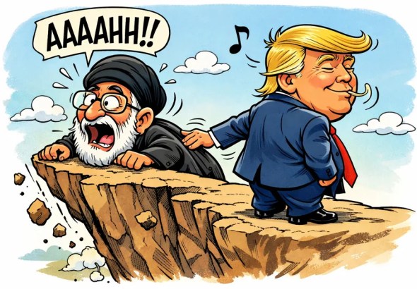 Cartoon showing President Trump whistling while subtly nudging an Ayatollah figure toward a cliff edge as the figure looks shocked