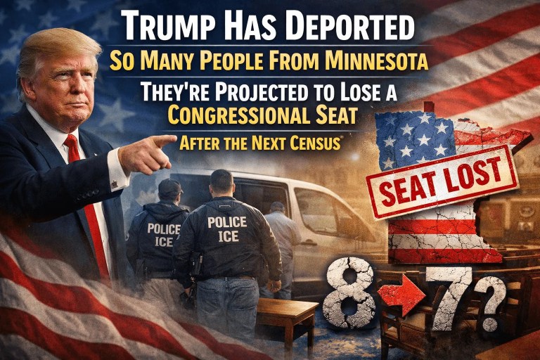 President Trump pointing beside ICE officers and a Minnesota graphic with text about deportations and losing a congressional seat after the next census