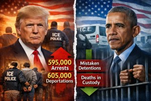 Comparison of ICE enforcement under President Trump and President Obama showing arrest totals, deportations, error rates, and deaths in custody.