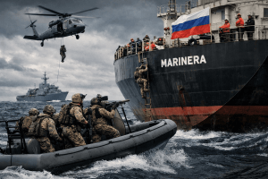 US military and Coast Guard vessels intercept a sanctioned Russian-flagged oil tanker in the North Atlantic during a high-risk maritime operation