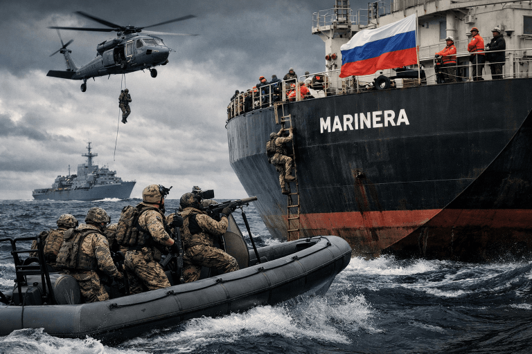 US military and Coast Guard vessels intercept a sanctioned Russian-flagged oil tanker in the North Atlantic during a high-risk maritime operation