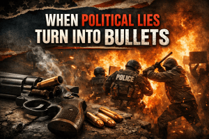 Illustration showing political rhetoric escalating into violence against federal immigration officers, symbolizing the dangers of incitement and misinformation.