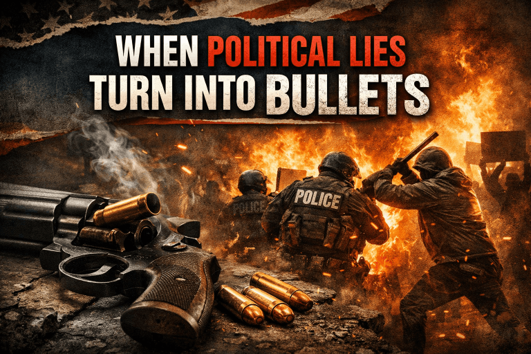 Illustration showing political rhetoric escalating into violence against federal immigration officers, symbolizing the dangers of incitement and misinformation.