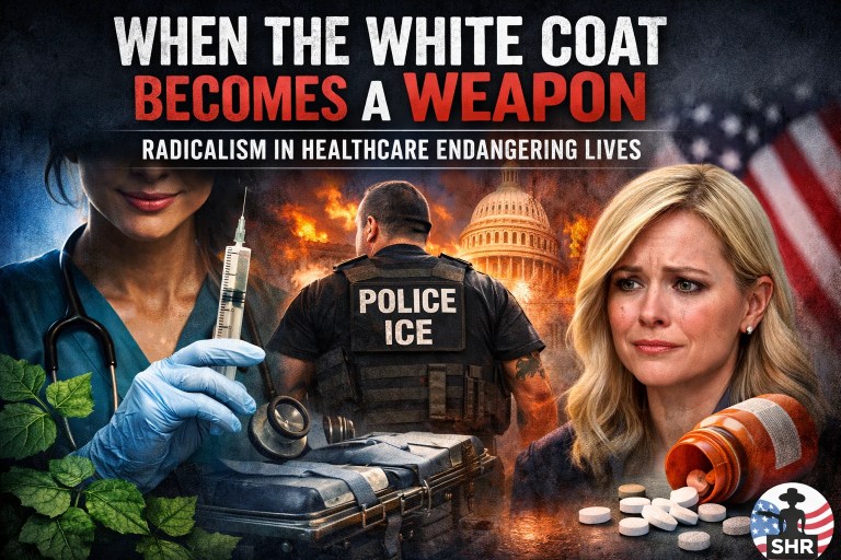 Editorial image showing nurse, ICE agent, and political controversy highlighting radicalism in healthcare and threats to patient safety