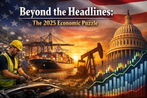 Beyond the Headlines 2025 economic puzzle featuring American manufacturing, cargo ship trade, oil production pumpjack, and U.S. Capitol with rising financial chart.