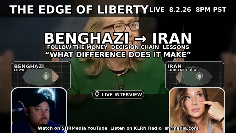 Edge of Liberty show graphic with hearing moment background, Benghazi and Iran panels, host and guest photos, live interview badge, live date and time