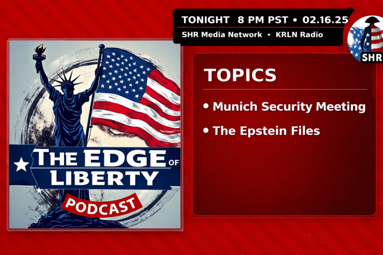 The Edge of Liberty show card with topics Munich Security Meeting and The Epstein Files