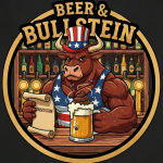 Beer & Bullstein logo featuring a patriotic bull in an Uncle Sam hat holding the Constitution and a beer mug