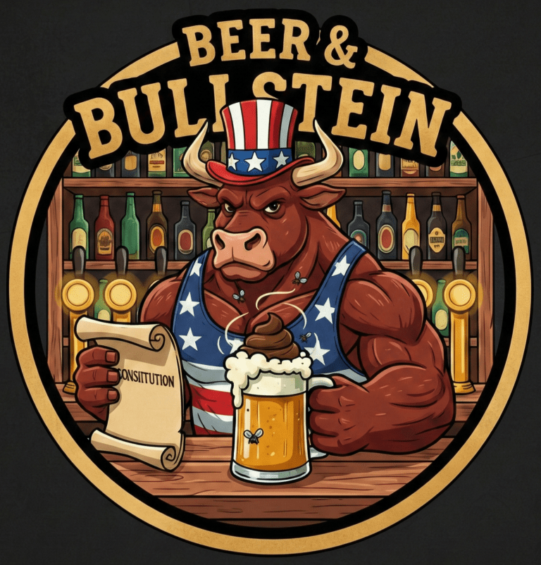 Beer & Bullstein logo featuring a patriotic bull in an Uncle Sam hat holding the Constitution and a beer mug