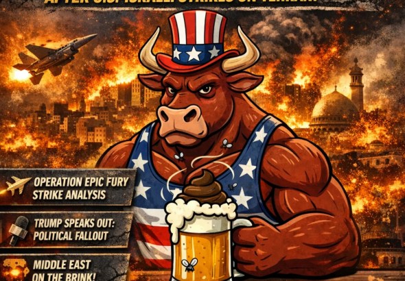 Beer and Bullstein breaking news title card graphic reading “Iran’s Supreme Leader Khamenei Dead” after US Israeli strikes on Tehran, Operation Epic Fury updates