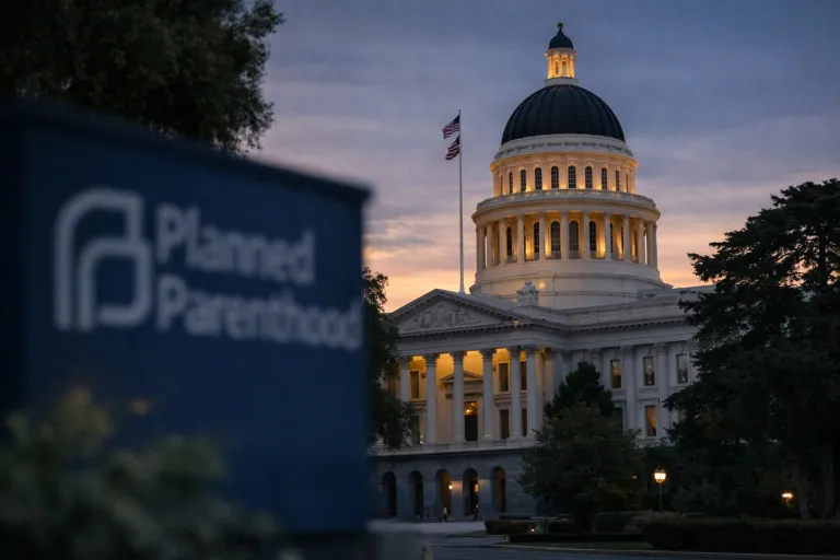 California State Capitol at dusk with a Planned Parenthood sign in the foreground during debate over California’s $90 million Planned Parenthood funding.