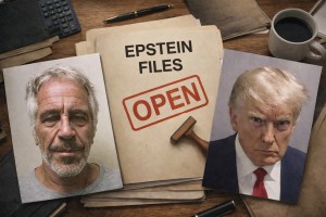 Collage styled like a detective desk with an “EPSTEIN FILES” folder stamped “OPEN” in the center, Epstein mugshot on the left, Trump photo on the right, with coffee and desk items around it.