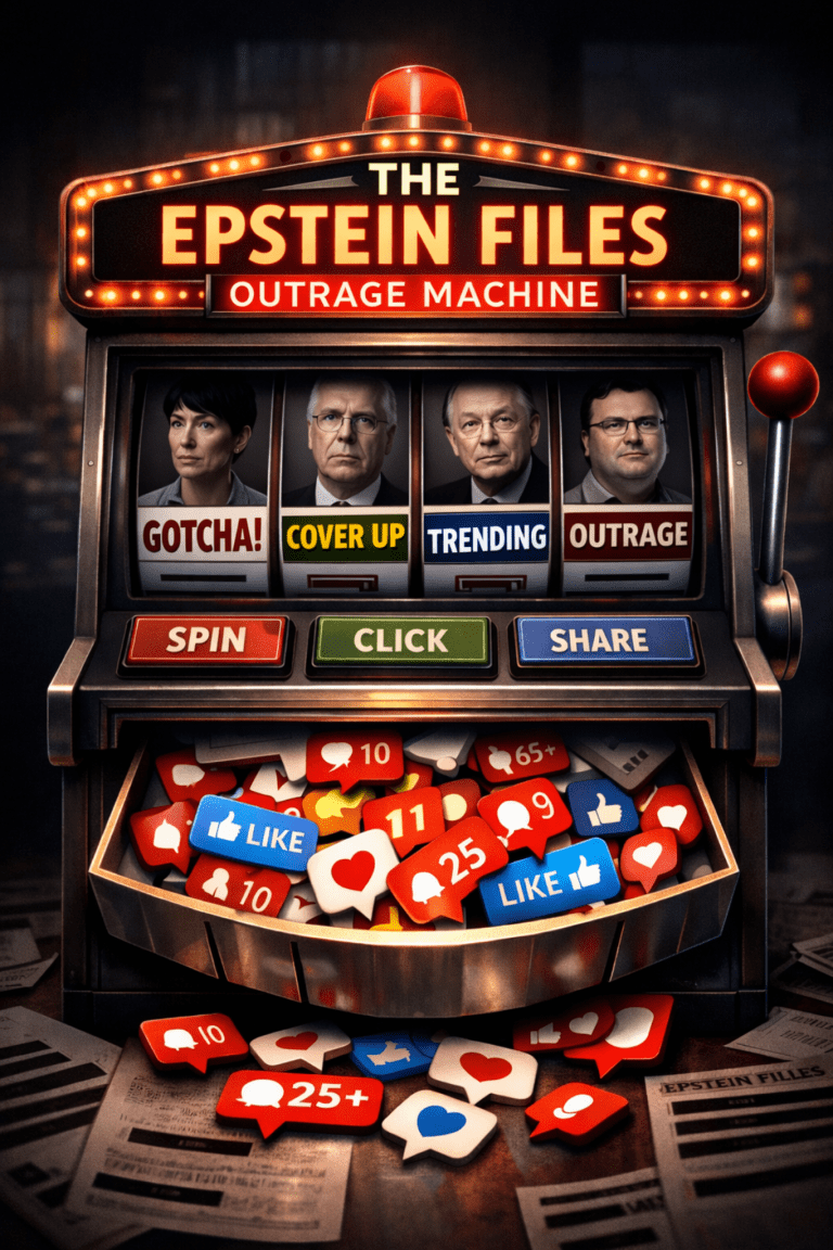 Slot machine labeled “The Epstein Files” and “Outrage Machine” with reels reading “Gotcha,” “Cover Up,” “Trending,” and “Outrage,” spilling social media notification icons