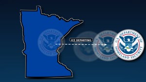 Minnesota silhouette with ICE badge moving out of the state, depicting ICE leaving Minnesota