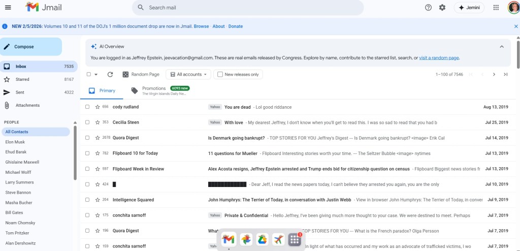 Screenshot of the Jmail interface showing Jeffrey Epstein inbox view with a left sidebar contacts list and message list in the main pane.