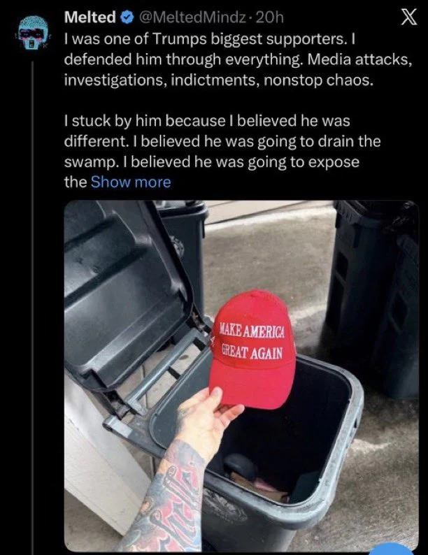 Screenshot of an X post preview from MeltedMindz starting with “I was all in” and referencing defending President Trump.