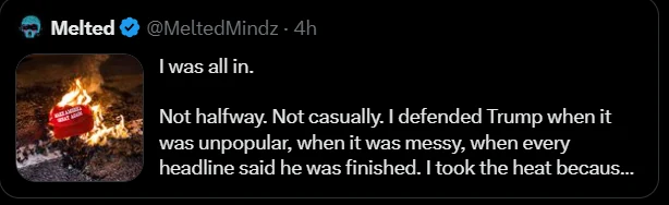 Screenshot of an X post by MeltedMindz above a photo of a red Make America Great Again hat being dropped into a trash bin.