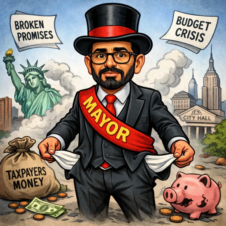 Cartoon mayor wearing a top hat and mayor sash holding out empty pockets with NYC skyline, City Hall, and a taxpayer money bag in the scene