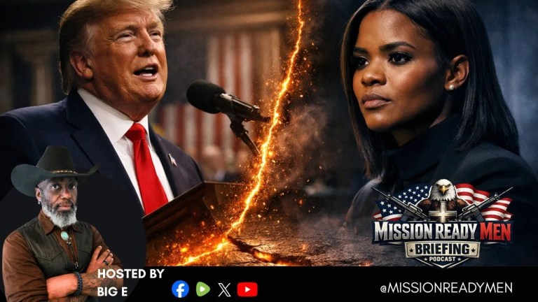 Mission Ready Men Briefing graphic showing President Trump at a podium and a split screen portrait with a fiery divide, episode title Scorched Earth